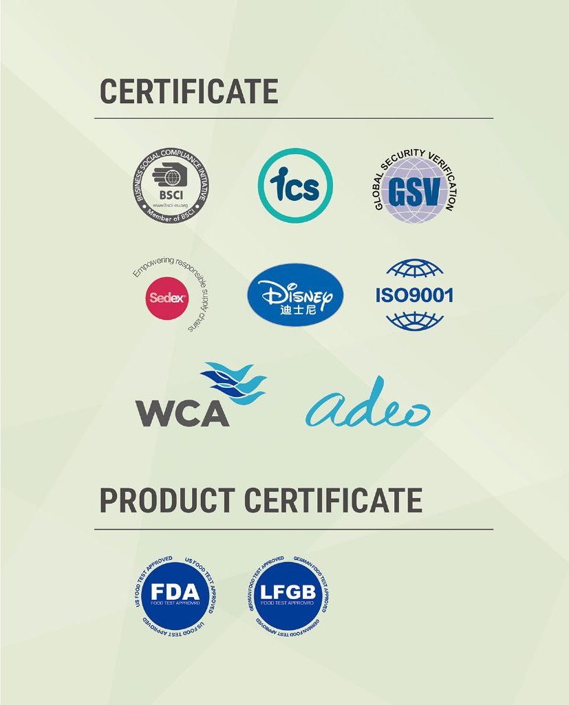 Certificate wall: BSCI, ICS, GSV, Sedex, Disney, ISO9001, WCA, adeo, FDA and LFGB